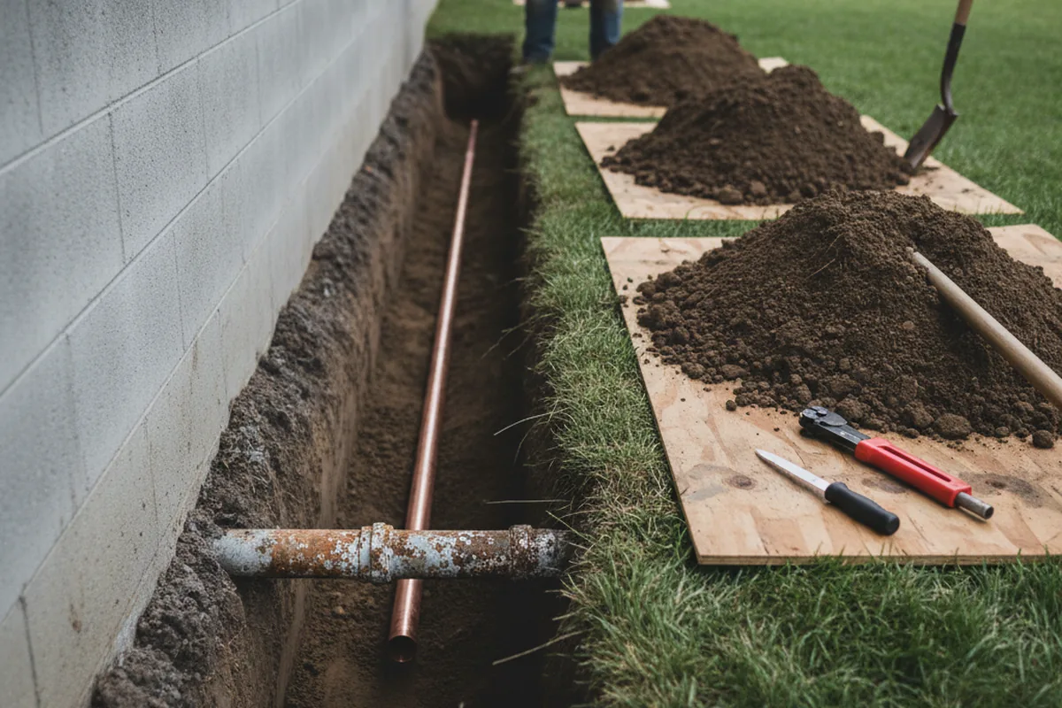 Excavated water line trench during Water Softener Installation in Matheson